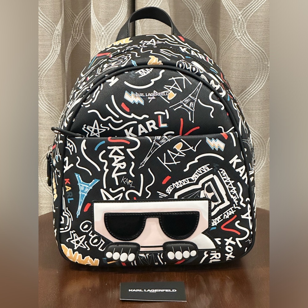 Karl Lagerfeld Paris Adele All Over Logo Full Size Backpack Black - NWOT - Picture 14 of 14